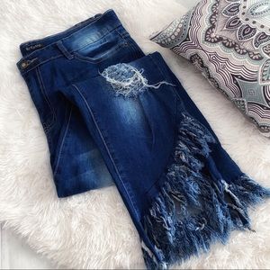 ➕Hi-Rise Destructed Fringe Ankle Jeans